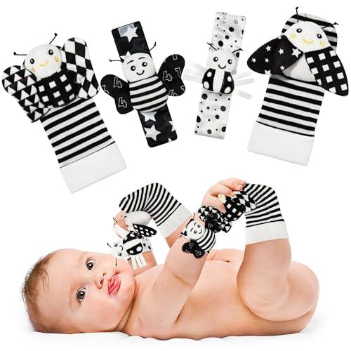Yeeeasy Baby Rattle Cotton Socks and Wrist Rattle Strap Set, Infant Toys 3 6 9 12 Months, Baby Gifts for Boys and Girls, Develop Babies Sensory Toys, Black and White, Pack of 3 