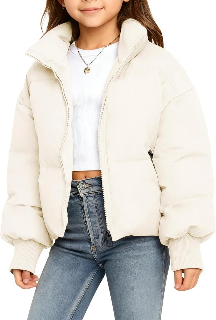 Gihuo Girls Kids Puffer Quilted Jacket Zip Up Warm Outerwear for Girls (13-14 Years, Beige)