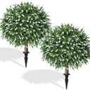 HyeFlora 26'' Artificial Topiary Boxwood Ball Trees with Lavender 2 Pack Fake Plants for Outdoor Indoor Artificial Shrubs with Ground Spike UV Resistant Fake Bushes for Front Porch Garden (White)