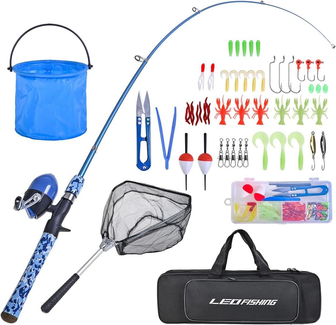 LEOFISHING Kids Fishing Pole Set with Full Starter Kits Portable Telescopic Fishing Rod and Spincast Reel with a Fishing Net and Bucket for Boys Girls and Youth, Medium