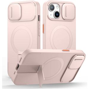 SURITCH for iPhone 13/14 Case with Magnetic Camera Slide Cover and Adjustable Kickstand, Compatible with MagSafe, Shockproof Bumper Case Slim Protective Cover for iPhone 13/14 6.1 Inch, Pink