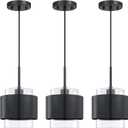 3 Pack 1 Light Hanging Indoor Kitchen Island Pendant Light Fixture,7.1" Drum Glass Shade Pendant Ceiling Light Black Finish for Modern Farmhouse Dinning Over Sink
