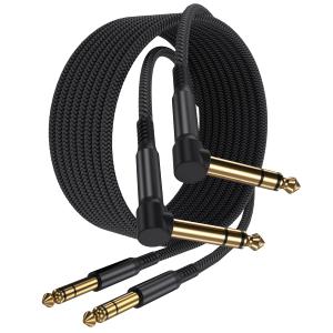 1/ 4 Inch TRS Instrument Cable 10ft 2-Pack, Right-Angled to Straight 6.35mm Male Jack Stereo Audio Cord, 6.35 Balanced Interconnect Line for Electric Guitar, Bass, Keyboard, Mixer, Amplifier, Speaker
