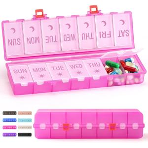 [Foldable & Dual Protection] Weekly Pill Organizer 2 Times A Day with Etched Labels, AM PM 7 Day Medicine Container Box, Large Portable Week Travel Pill Case for Daily Medication, Vitamin -Clear Pink