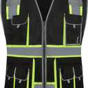 JKSafety 10 Pockets Hi-Vis Zipper Front Black Safety Vest | Cushioned Collar | High Reflective Tapes with Extended Neon Yellow Strips | Meets ANSI/ISEA Standards (XX-Large, Black)