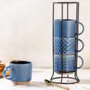 GBhome 12OZ Stackable Coffee Mugs with Stand, Ceramic Coffee Mugs with Texture Patterns for Man,Woman,Dad,Mom, Modern Coffee Cups Set of 4 for Latte/Cappuccino/Cocoa. Dishwasher&Microwave Safe, Blue