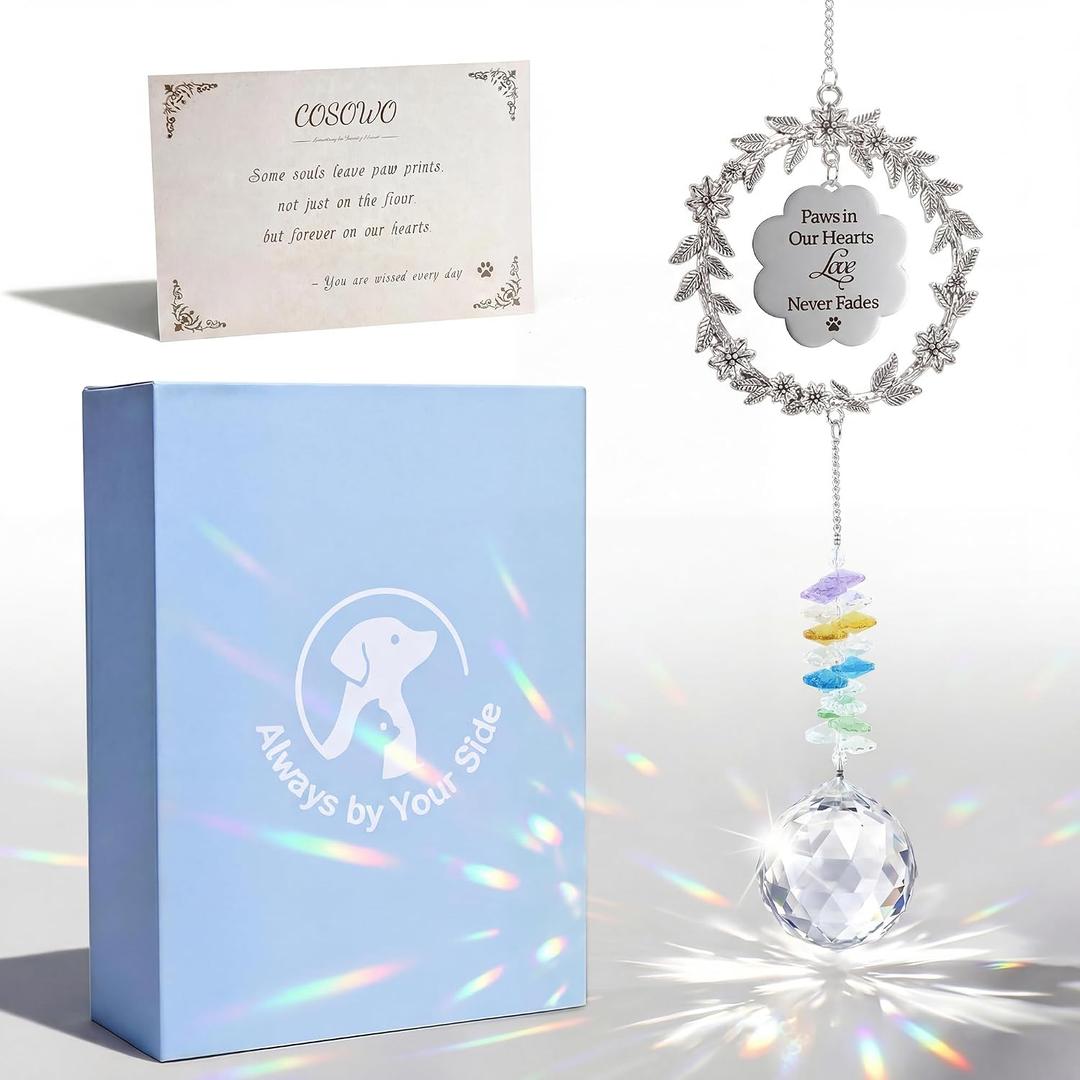 2 x Handcrafted Pet Memorial Crystal Ornament Rainbow Prism Sun Catcher with Keepsake Card, Sympathy Gift for Loss of Dog or Cat Paw Designs, Love