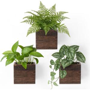 Dahey Small 4 Inch Wood Wall Hanging Planter Boxes for Indoor Plants 3 Pcs Square Rustic Farmhouse Wall Mounted Flower Pot Vases with Plastic Liner for Garden Home Centerpiece Decor(No Plant Included)
