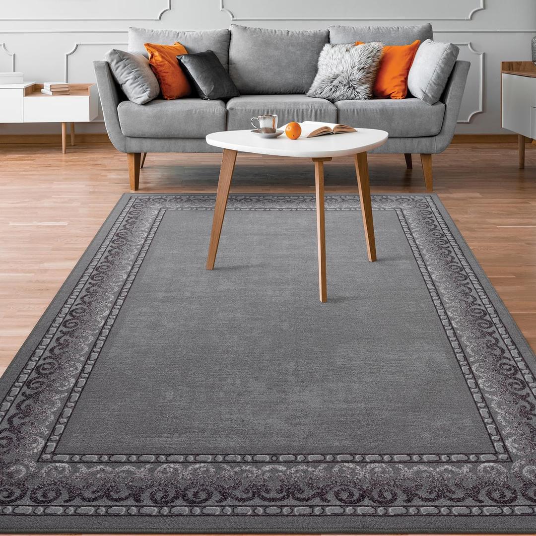 Antep Rugs Alfombras Bordered Modern 5x7 Non-Slip (Non-Skid) Low Pile Rubber Backing Indoor Area Rug (Gray, 5' x 7') (Grey)