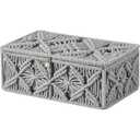 VinneGenzz Decorative Boho Storage Baskets with Lid Bohemian Macrame Jewelry Box Handmade Natural Cotton Rope Woven Bins Memory Keepsake Photo Makeup Organizer Shelf Container (Gray, Small)