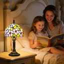 Small Tiffany Table Lamp, 3 Color Temperature, 8 Inch Antique Stained Glass Lamp for Bedroom Living Room Home, Handcrafted Light, Included Bulb ( Four Leaf Flower)