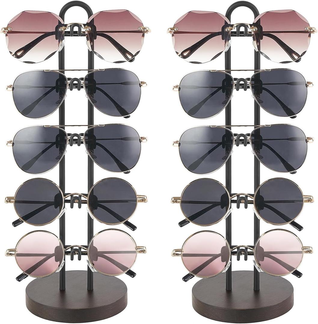 Mkono Sunglasses Organizer Glasses Holder Stand Sunglass Storage Eyeglasses Rack Metal Frame with Wood Base for 5 Pairs of Eyewear Display for Table Desk Countertop Dresser Bedroom, Set of 2, Black