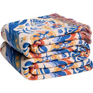 LUTBM Boho Throw Blanket for Bed Cotton Spring Blankets Twin Size for Bedroom Living Room All Season Lightweight Floral Bird Embroidery Breathable Quilt for Couch Sofa Chair 60"x80" Home Decor