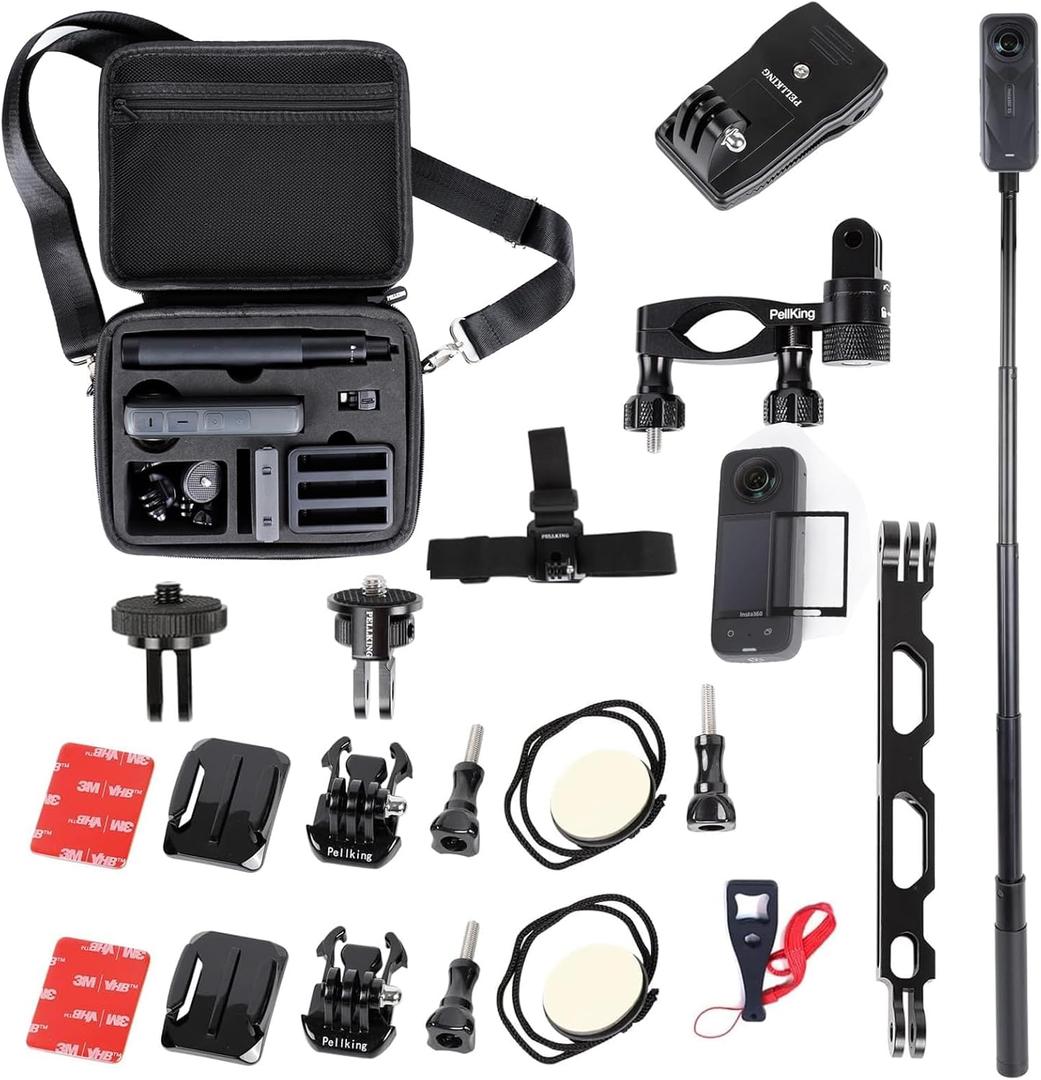 PellKing Accessory Bundle for Insta360 X5/X4,Hard Shell Carrying Case with Shoulder Belt,Selfie Stick,Backpack Clip,Sreen Protector,Head Strap Mount,360 Rotation Bike Handlebars Mount,Helmet Mount,etc
