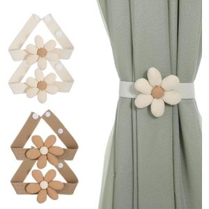 4 Pcs Boho Flower Curtain Tiebacks, Farmhouse Style Sunflower Curtain Holdbacks, Simple Elegant Decorative Rope for Bedroom Window Treatment, Cute Curtains Tie Backs (2 Khaki & 2 Cream)