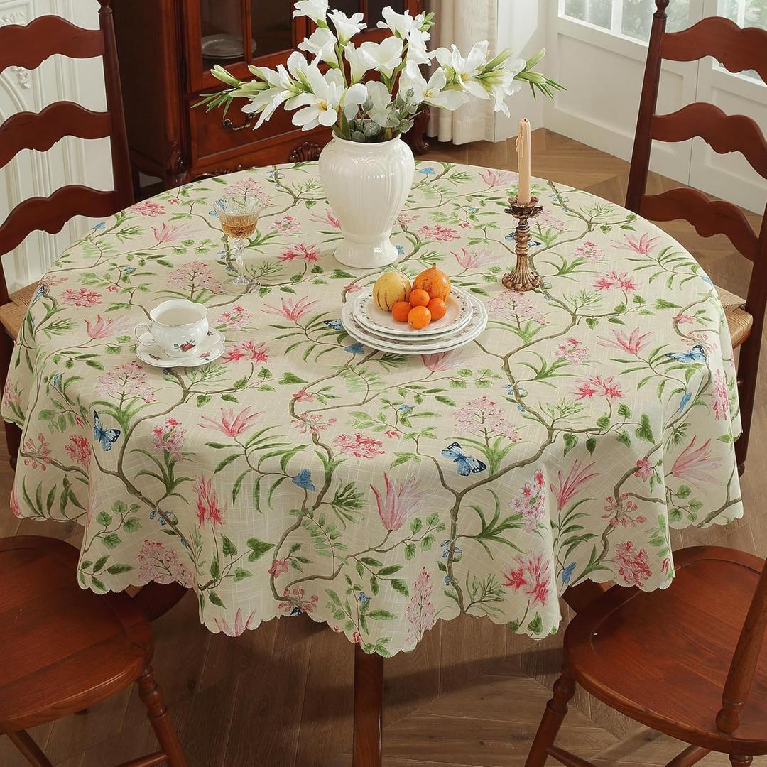 Round Waterproof Tablecloth Linen Textured Table Cloth,Stain and Wrinkle Resistant Washable Fabric Table Cover for Dining, Party, Camping and Outdoor,70InchPink Flower