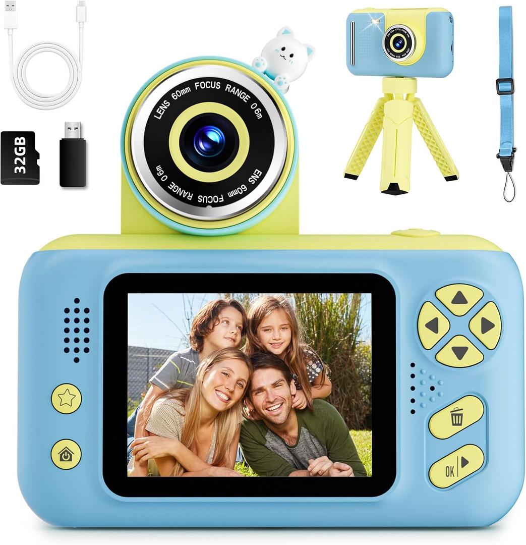 Makolle Camera for Kids, Toddler Volging Cameras Age 3-8 Christmas Birthday Gifts for Boys and Girls 3-12 Year Old Boys Digital Camcorder for Video Portable Kids Selfie Camera with 32GB SD Card Blue