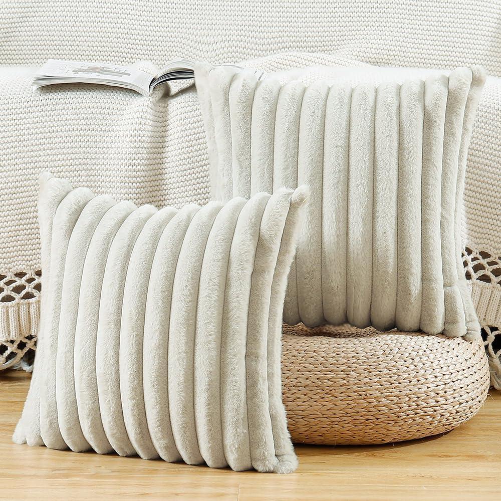 MADIZZ Set of 2 Faux Wool Plush Decorative Throw Pillow Covers 26x26 Inch Greyish White Fluffy Striped Soft Decorative Cushion Cover for Sofa Bedroom Pillow Shell