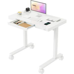 Monomi 35" Glass Standing Desk with Drawer and USB Ports, Electric Height Adjustable Desk for Home Office, White Sit Stand Table with Storage, Easy Assembly Computer Desk for Small Spaces