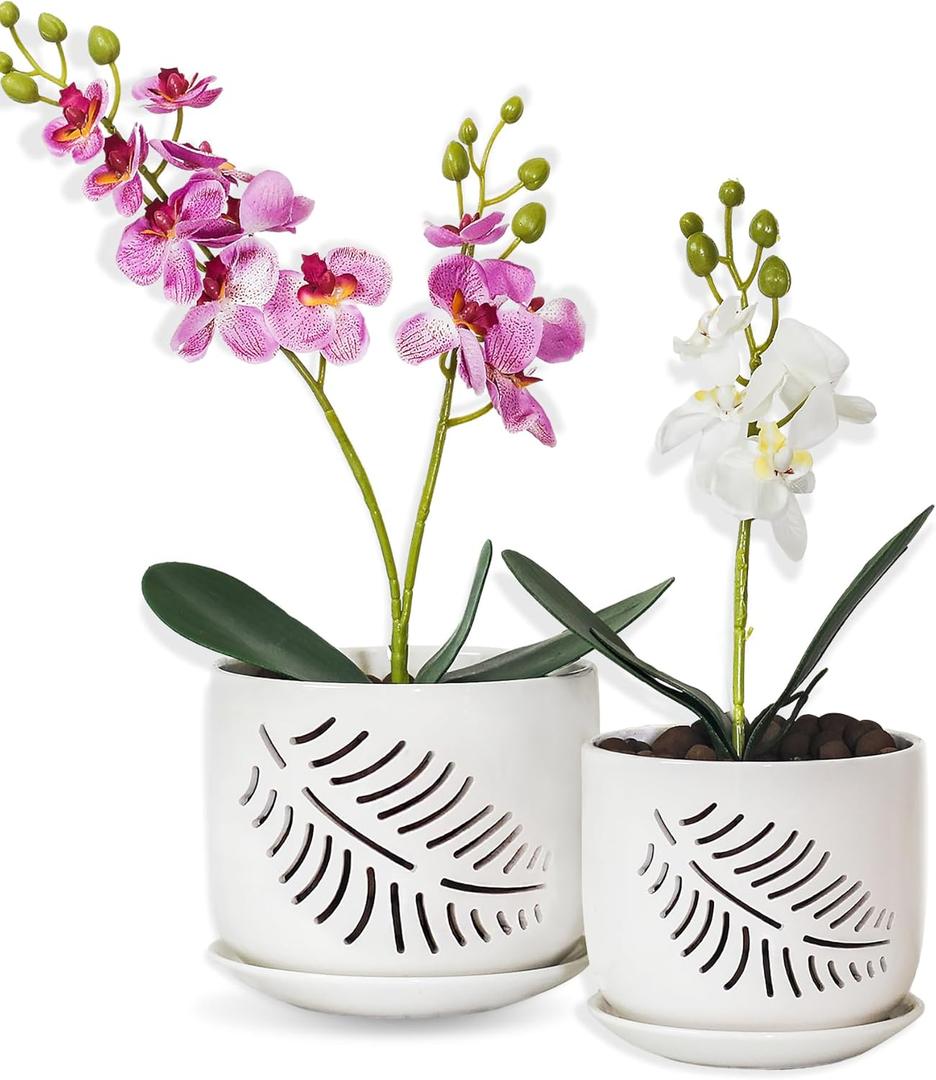 Orchid Pots with Holes, 5+6 Inch Orchid Pot, Ceramic Plant Pots for Plants Lovers, Enhance Good Ventilation and Drainage, Indoor/Outdoor Orchid Pots for Repotting, Set of 2 (White)