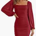 Women Elegant Square Neck Lantern Long Sleeve Mini Ruched Bodycon Dress Stretch Mesh Slim Party Cocktail Dress, S