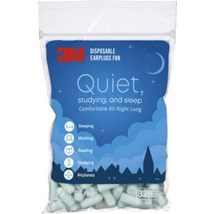 3M Disposable Earplugs For Quiet, Studying & Sleep, 80 Pairs (160 Plugs), Noise Reduction Rating (NRR) 32 dB, Comfortable All Night Long, Light Blue Ear Plugs, Come In Resealable Bag 