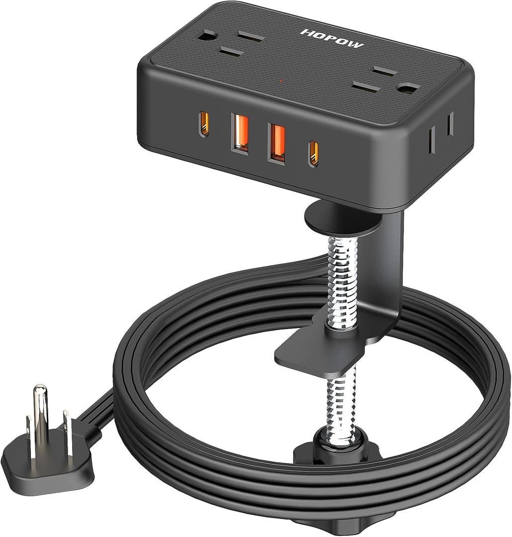HOPOW Desk Clamp Power Strip, Desktop Mount Charging Station with 4 Outlets 4 USB Ports (2 USB C), 6Ft Under Desk Power Strip, Fits 2.75" Tabletop Edge, Extension Cord for Home Office, Black