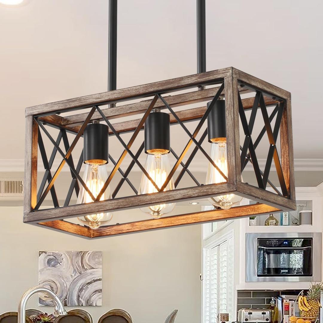 Farmhouse Light Fixtures,3-Light Dining Room Light Fixture,Industrial Metal Kitchen Pendant Lighting Over Island, Chandelier for Dining Table Kitchen Sink, Wood Grain Finish