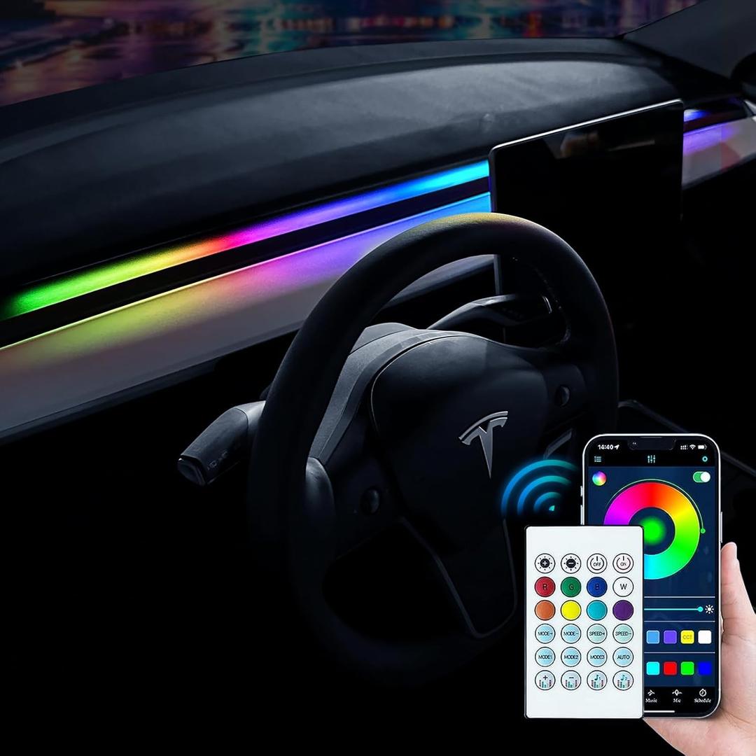 Uxcer 2025-2021 Tesla Model 3/Y Interior Neon Lights for Dashboard, RGBIC Color Changing LED Strip Lights with App & Remote Control & USB Hub(Not Fit for Model 3 Highland & Model Y Juniper)