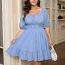 SCOMCHIC Women's Plus Size Summer Dresses Cotton Short Sleeve Square Neck Ruffle A-Line Flowy Party Short Milkmaid Dress (Blue, XL)