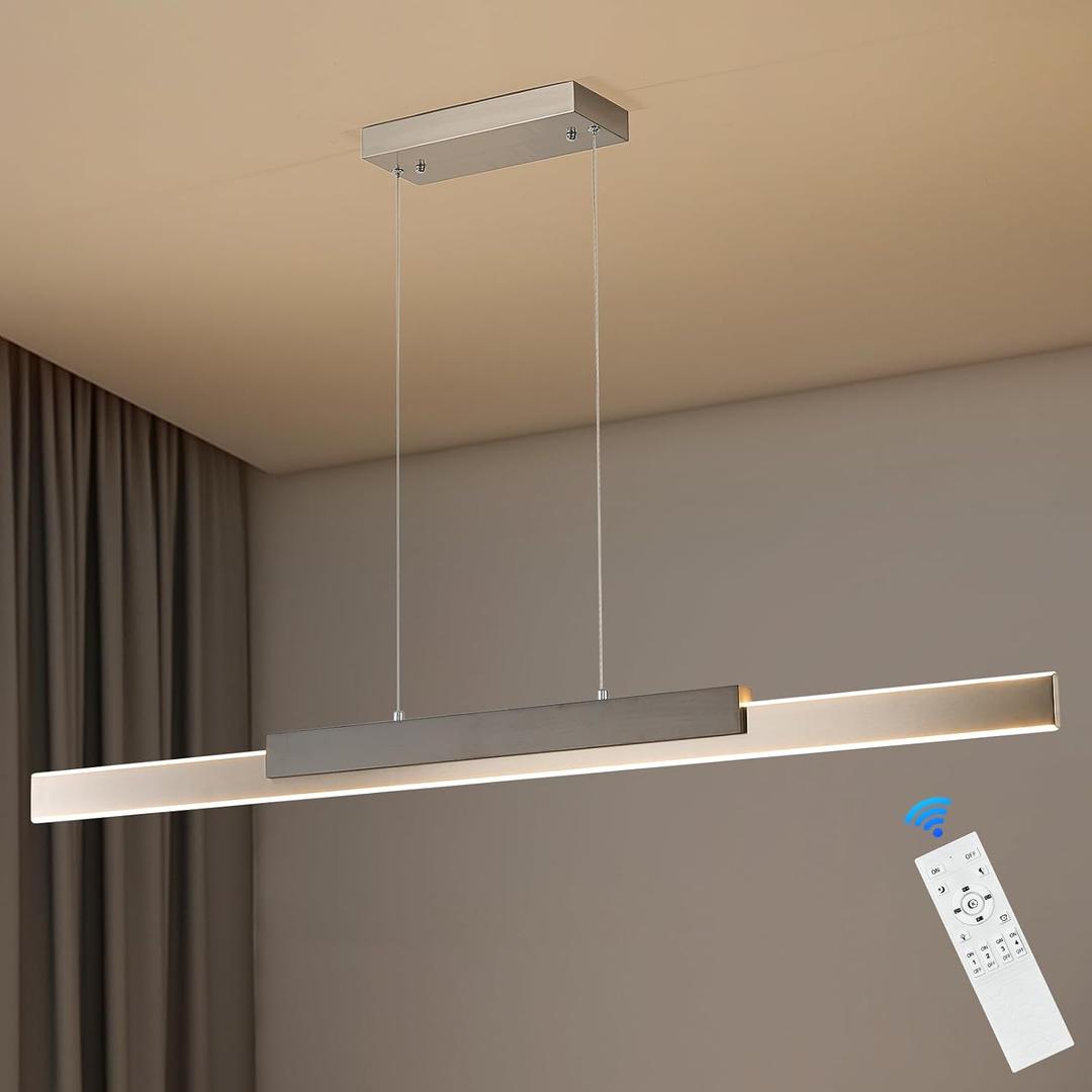 Modern LED Linear Pendant Light 52in Brushed Nickel Island Light Wood Hanging Light for Dining Room Kitchen Island Home Office