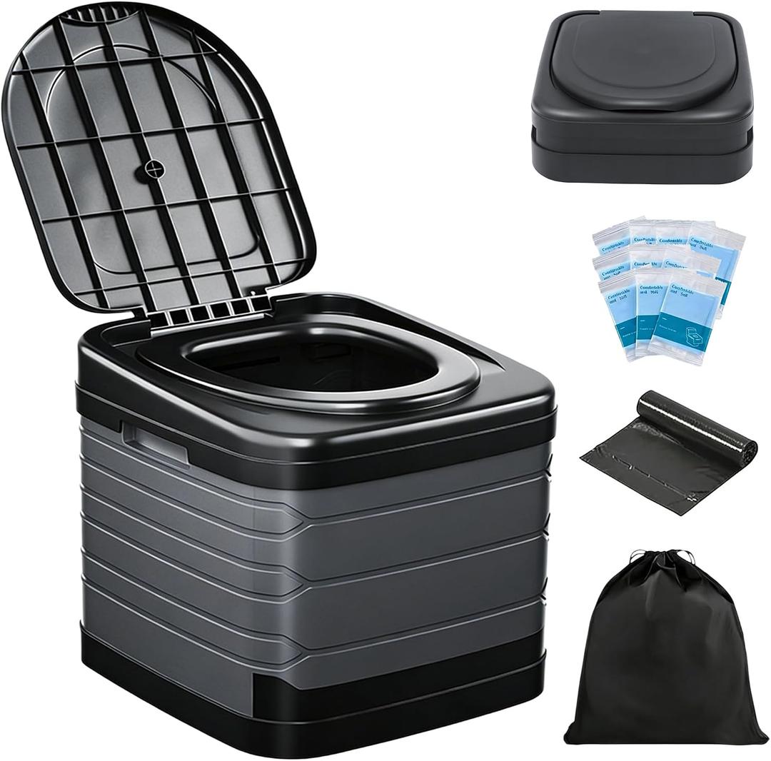 Portable Toilet for Camping, 17.1"H Heavy Duty Foldable Porta Potty for Adults, Capacity 660LBS Luggable Loo for Outdoor Travel Camp Car-Grey