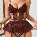 Alrovetoney Women Lingerie Set Naughty Lace Bodysuit High Waisted Underwire Lingerie Babydoll With Garter Belt and Stockings (Brown, XS)
