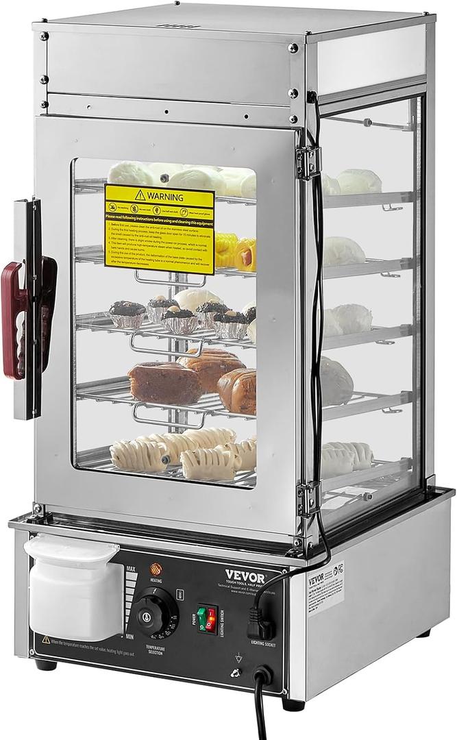 VEVOR Commercial Food Warmer Display, 5-Tier Food Steamer Bun Warmer Machine, 86~230 Temperature Control, Stainless Steel Steamed Buns Warmer with LED, Steam Heating for Steamed Buns Siomai Corn