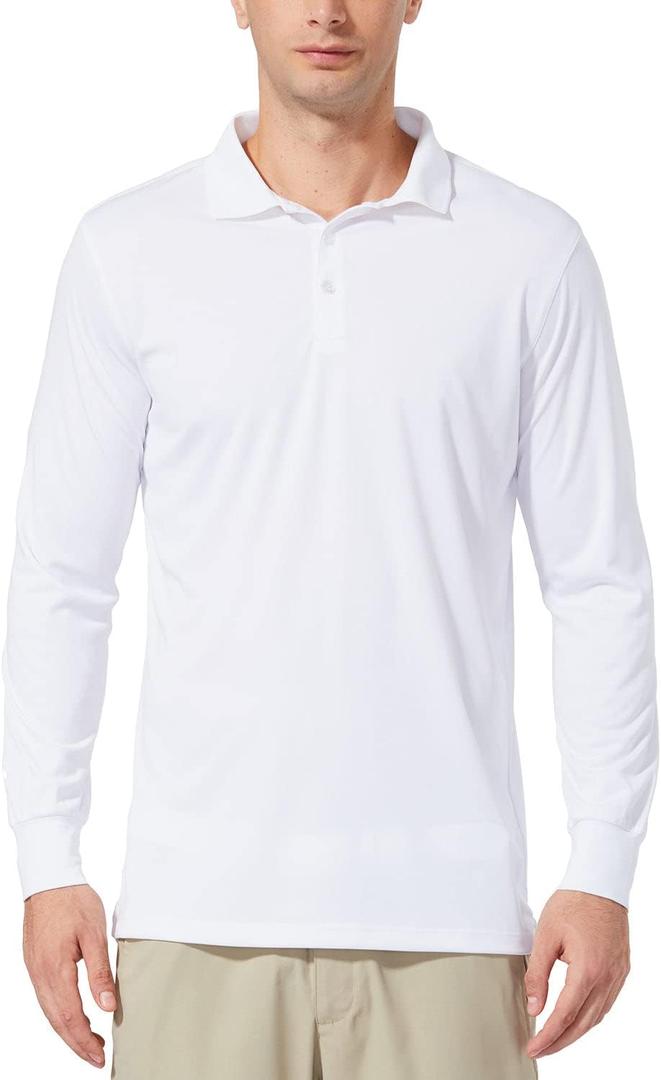 baleaf Men's Long Sleeve Golf Polo Shirt UPF 50 Quick Dry 3 Button Casual Work Outdoor Lightweight Performance Shirts (02-white)
