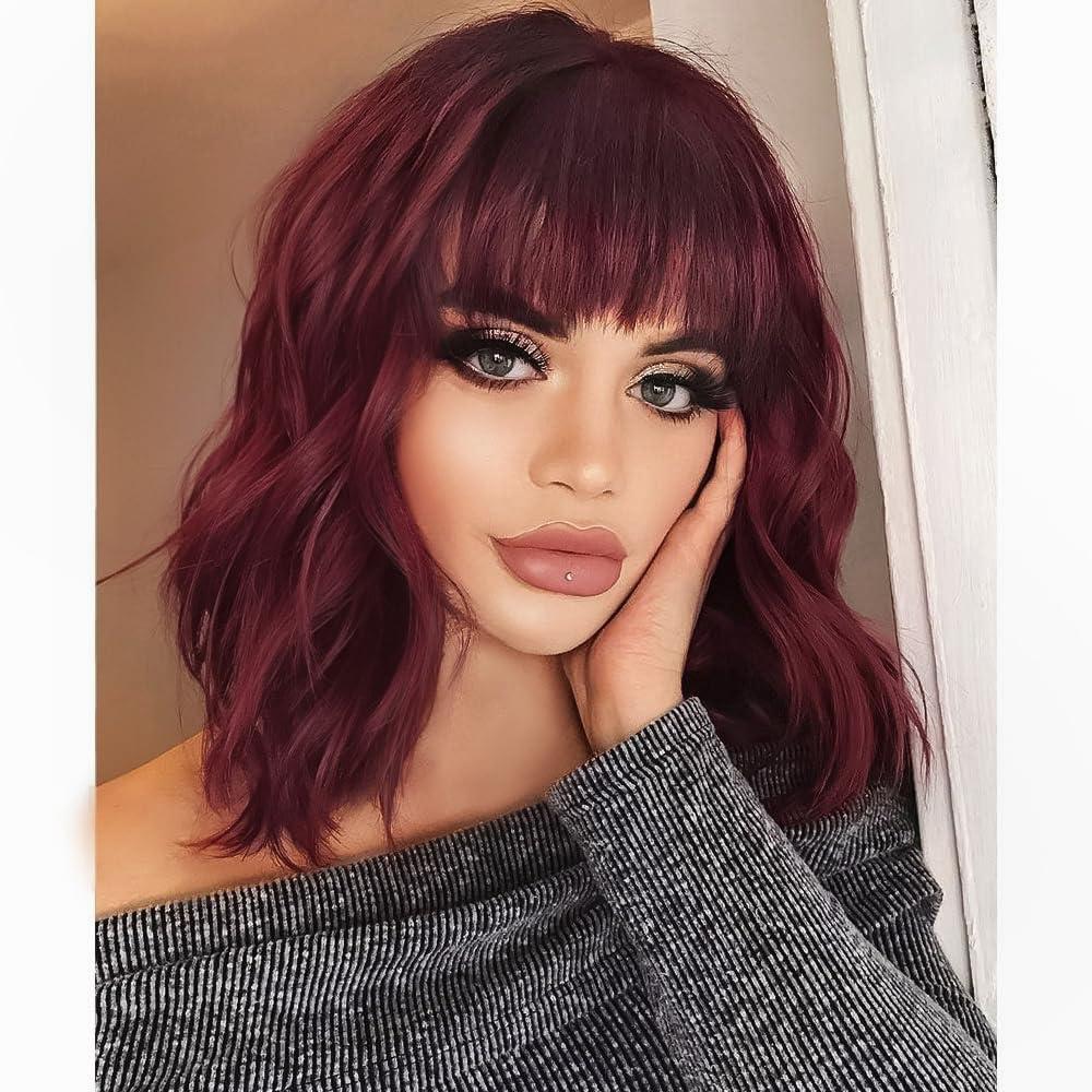 AISI HAIR Curly Bob Wig with Bangs Short Wavy Red Color Wigs for Women Bob Style Synthetic Heat Resistant Bob Wigs