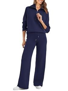 Glamaker Womens 2 Piece Outfits Sweatsuit Set Oversized Half Zip Sweatsuits Wide Leg Sweatpants Lounge Sets Tracksuit Navy blue M