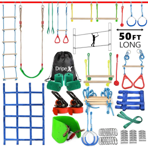 Ninja Warrior Obstacle Course for Kids Backyard - 2×50ft Slackline Kit with 10 Most Complete Accessories for Boys & Girls, Swing, Rope Ladder, Gymnastic Ring, Climbing Net, Arm Trainer and Monkey Fist