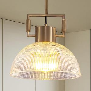 Pendant Lights Kitchen Island, 11.8" Gold Glass Pendant Lights Modern Vintage Fluted Large Dome Shade Brass Island Lights for Kitchen Dining Room Hallway Bedroom Restaurant. (Glod)