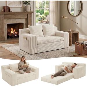 54” Boneless Couch Sofa Bed, Loveseat Cloud Couch, Sleeper Sofa with Storge and Handle, Convertible Pull Out Floor Bed, Couches for Living Room, Bedroom, Small Space, No Assembly Required (Beige)