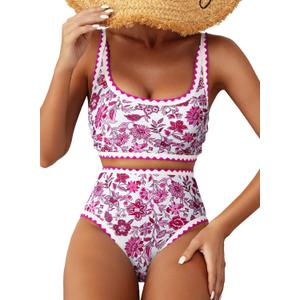 Herseas Womens Bikini Sets Floral Color Block Trim Two Piece Trendy Swimsuits High Waisted Scoop Wireless Pink Bathing Suits, Small