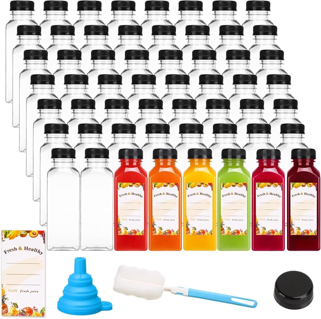 Moretoes 56pcs 12oz Plastic Juice Bottles with Caps, Clear Empty Reusable Containers with Brush Funnel and Labels for Smoothies Ginger and Other Beverages
