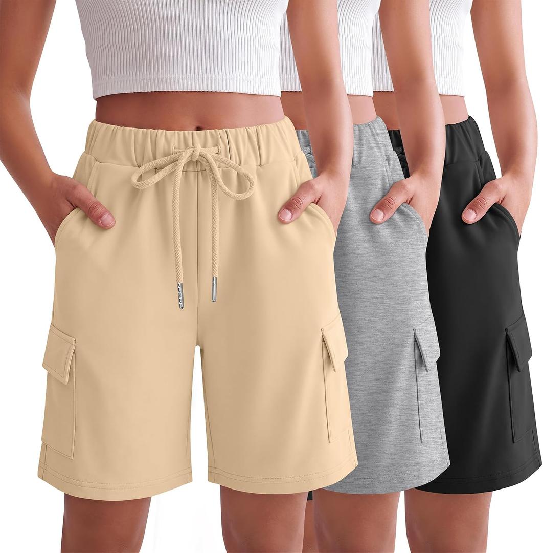 3 Pack Girls' Cargo Bermuda Shorts | Knee Length Sweatshorts, Loose, Summer, Athletic, Baggy, Elastic Waist, Daily, Hiking, Running, School, 4 pockets, 5-14 Years