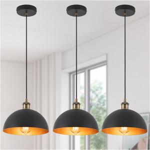 9.84" Modern Industrial Black Pendant Lights Farmhouse Dome Black Gold Pendant Lighting Fixture Vintage Golden Pendant Light for Kitchen, Dining Room, Bedroom, Hallway, Living Room, Set of 3