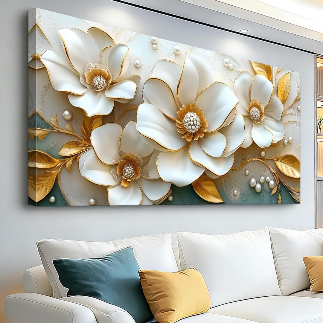 MooMel Large Floral Canvas Wall Art 20x40 Inch Gold White Plant Abstract Decor Painting Pictures Modern Nordic Botanical Flowers Posters Prints for Living Room Dining Room Bedroom Office Hallway Home Decoration.