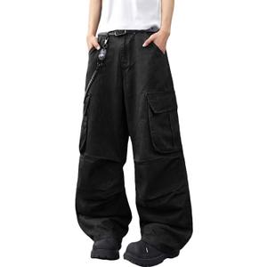 Mens Denim Baggy Pants with Cargo Pockets Mid Weight Casual Streetwear Wide Leg Jeans Hip Hop Skater Trousers (Large, A15 Black)