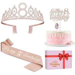 8th Birthday Decorations for Girl Including Sash, Crown, Numeral Candle and Cake Topper, 8 Year Old Girls Party Favor Supplies