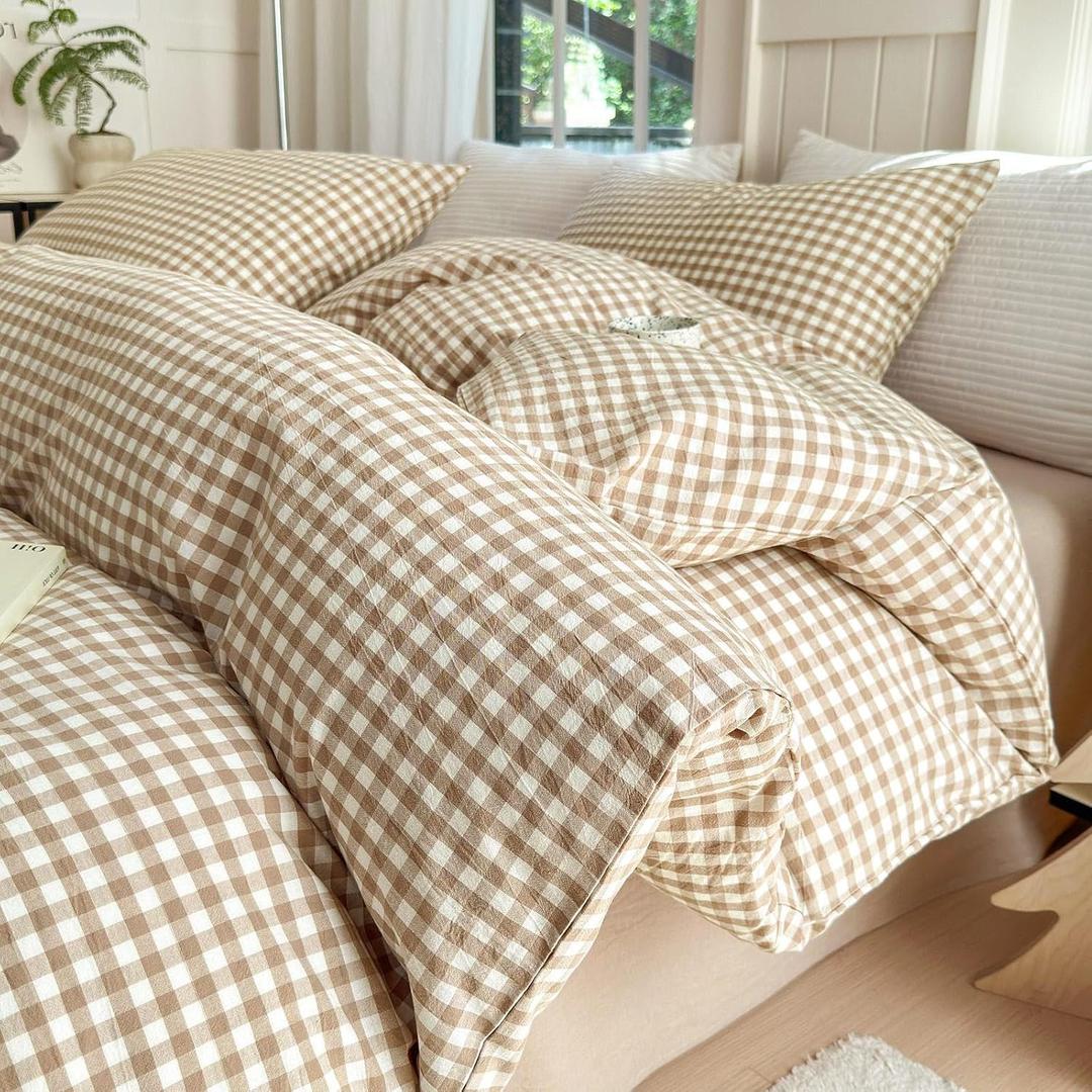 LifeTB Tan Gingham Comforter Set California King 3 Pieces Modern Plaid Comforter Set Beige Grid Comforter with 2 Pillowcases Soft Fluffy Checkered Grid Pattern Gingham Bedding Set for All Seasons