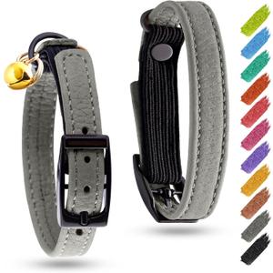 Leather Cat Collar with Bell and Safety Elastic Strap Breakaway Alternative for Kittens, Stylish Pet Leather Collar for Boy, Girl Cats with Metal Buckle & QR ID Tag (Gray)