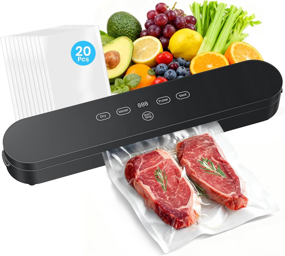 Food Vacuum Sealer Machine, 75kPa Compact Vacuum Sealer for Food, 4-in-1 Food Sealer with Digital Timer, Moist/Dry, Pulse, Seal Modes, Includes 20 Vacuum Bags, Perfect for Freezer Storage, Black